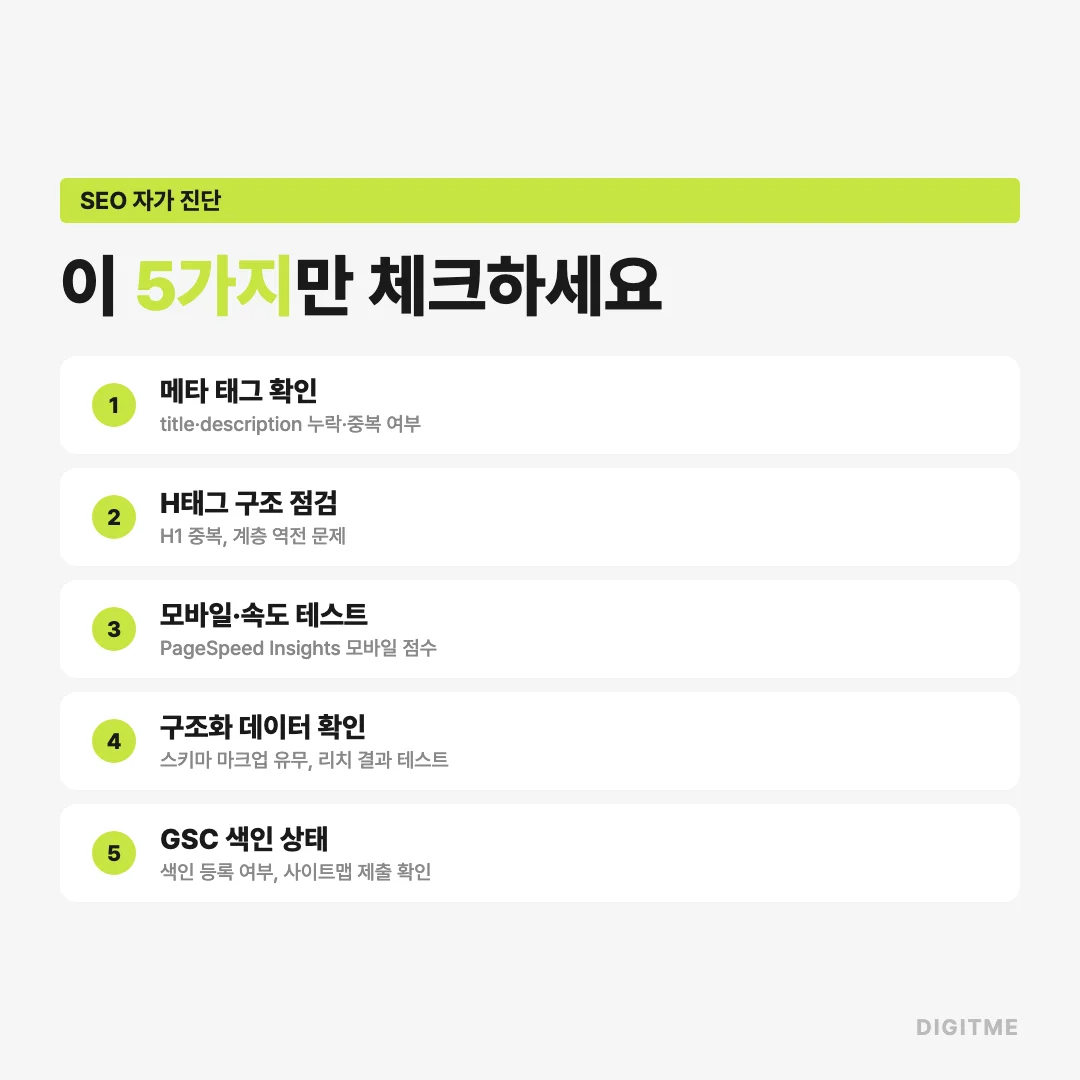 홈페이지 SEO, 이 5가지만 체크하면 검색 안 되는 이유가 보입니다, 이 5가지만 체크하면 바로 알 수 있습니다